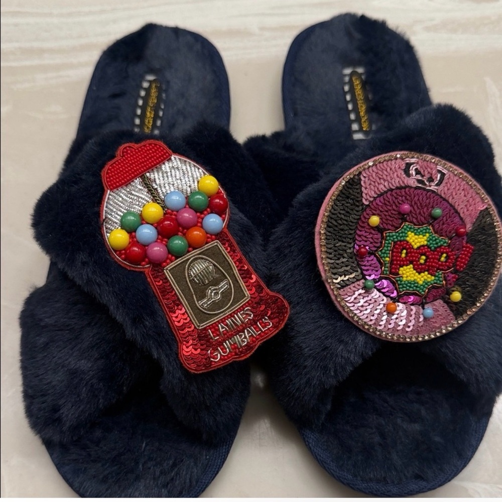 Laines Navy Fuzzy Slide Sandals with Sequin Gumball & Pop Badges